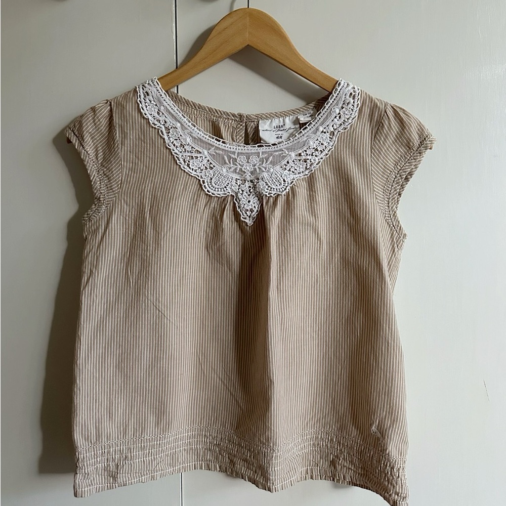 H&M girls brown and white striped lace-neck blouse